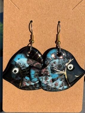Porcelain Blue & Black Fish Earrings - Unique Fish Dangles